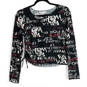 Y2K Cache Black Long Sleeve Graphic Print Top with Side Drawstring